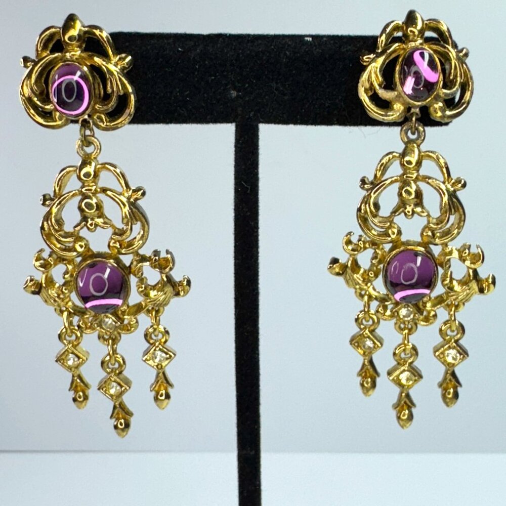 Gold Tone and Purple Stones Chandelier Pierced Earrings Prom